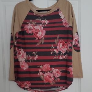 ODDY Pink Floral and Striped Long Sleeve Top